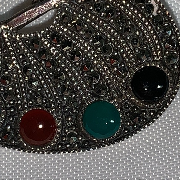 vintage 925 STERLING artist palette SEMI PRECIOUS paint CABOCHONS marcasite - Picture 7 of 15